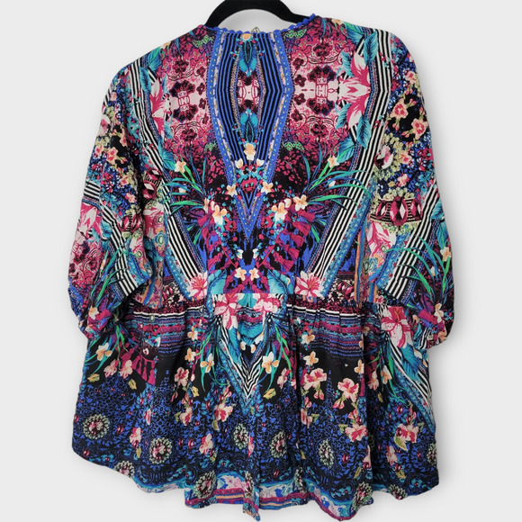 Jaase Floral Boho Hi Lo Tassel Split Neck Relaxed Blouse Top Women Sz XS - Picture 2 of 9